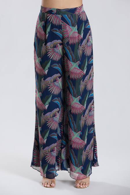 Preeti Jhawar_Blue Chiffon, Cotton, Silk Embroidery Split Bird Motif Cape Kurta And Palazzo Set _at_Aza_Fashions