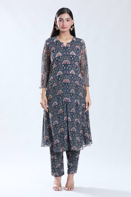 Preeti Jhawar_Blue Chiffon, Cotton, Silk Embroidery Split V-neck Bird Motif Kurta Pant Set _Online_at_Aza_Fashions