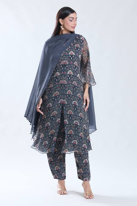 Buy_Preeti Jhawar_Blue Chiffon, Cotton, Silk Embroidery Split V-neck Bird Motif Kurta Pant Set _Online_at_Aza_Fashions
