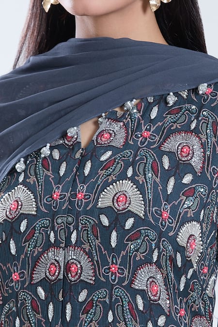 Shop_Preeti Jhawar_Blue Chiffon, Cotton, Silk Embroidery Split V-neck Bird Motif Kurta Pant Set _Online_at_Aza_Fashions