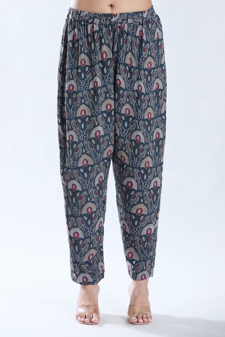 Preeti Jhawar_Blue Chiffon, Cotton, Silk Embroidery Split V-neck Bird Motif Kurta Pant Set _at_Aza_Fashions