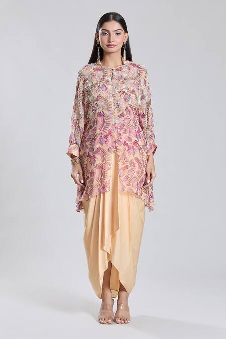 Buy_Preeti Jhawar_Beige Chiffon, Cotton Sequins, Floral Pattern Tunic And Dhoti Skirt Set _Online_at_Aza_Fashions