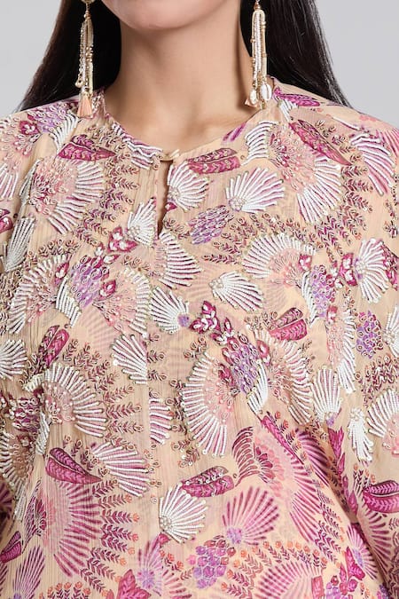 Shop_Preeti Jhawar_Beige Chiffon, Cotton Sequins, Floral Pattern Tunic And Dhoti Skirt Set _Online_at_Aza_Fashions