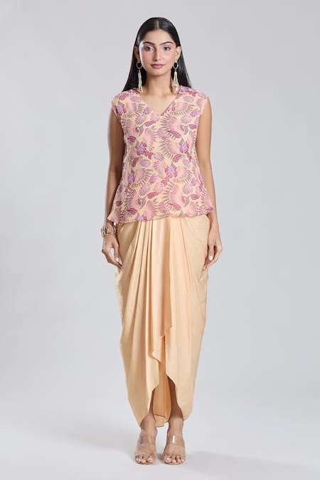 Preeti Jhawar_Beige Chiffon, Cotton Sequins, Floral Pattern Tunic And Dhoti Skirt Set _at_Aza_Fashions