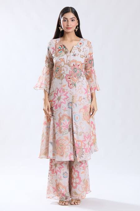 Preeti Jhawar Pink Chiffon, Cotton, Silk Embroidery Split V-neck Floral Kurta Palazzo Set Online at Aza Fashions Preeti Jhawar_Pink Chiffon, Cotton, Silk Embroidery Split V-neck Floral Kurta Palazzo Set _Online_at_Aza_Fashions