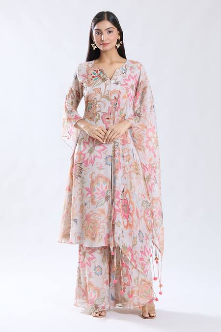 Buy Preeti Jhawar Pink Chiffon, Cotton, Silk Embroidery Split V-neck Floral Kurta Palazzo Set Online at Aza Fashions Buy_Preeti Jhawar_Pink Chiffon, Cotton, Silk Embroidery Split V-neck Floral Kurta Palazzo Set _Online_at_Aza_Fashions