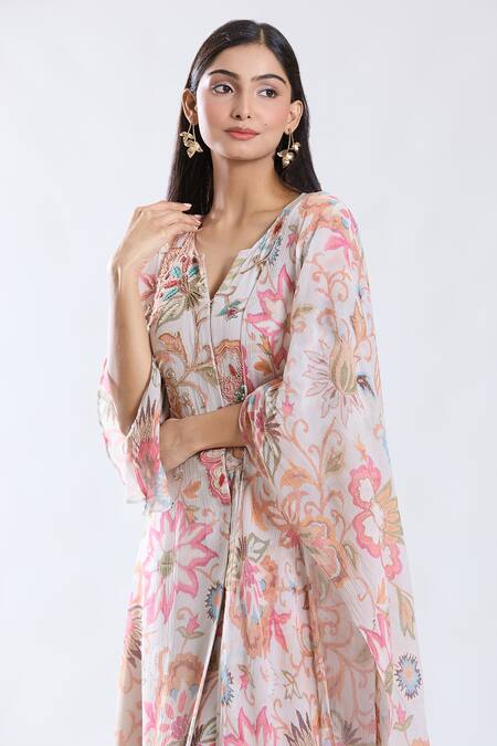 Shop Preeti Jhawar Pink Chiffon, Cotton, Silk Embroidery Split V-neck Floral Kurta Palazzo Set Online at Aza Fashions Shop_Preeti Jhawar_Pink Chiffon, Cotton, Silk Embroidery Split V-neck Floral Kurta Palazzo Set _Online_at_Aza_Fashions