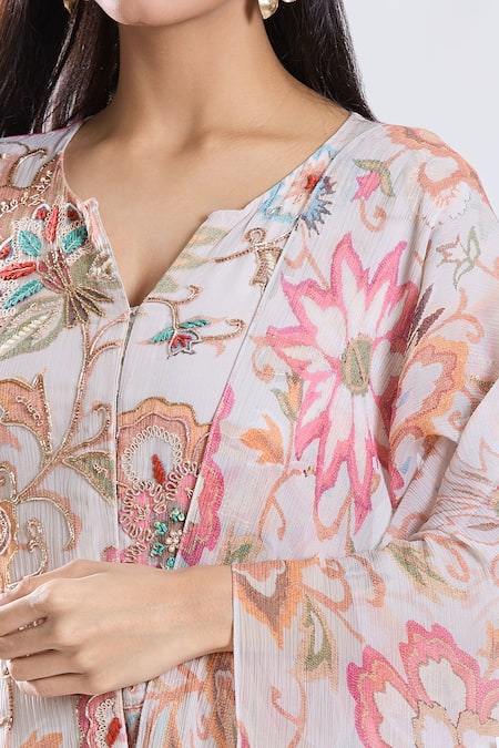 Preeti Jhawar Pink Chiffon, Cotton, Silk Embroidery Split V-neck Floral Kurta Palazzo Set at Aza Fashions Preeti Jhawar_Pink Chiffon, Cotton, Silk Embroidery Split V-neck Floral Kurta Palazzo Set _at_Aza_Fashions