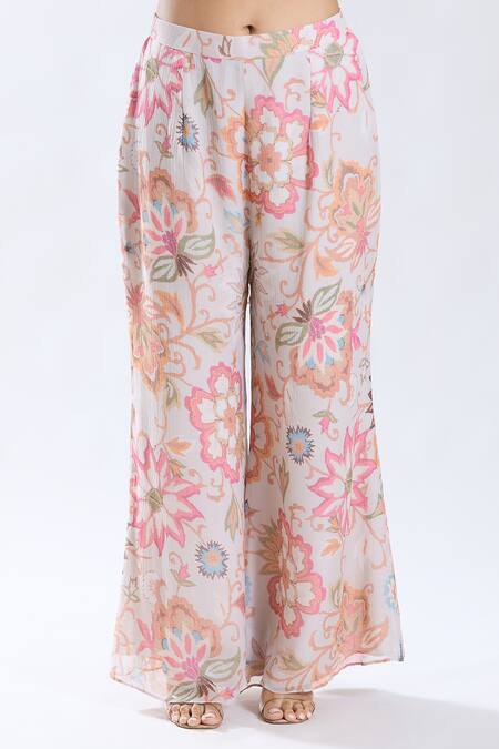 Buy Preeti Jhawar Pink Chiffon, Cotton, Silk Embroidery Split V-neck Floral Kurta Palazzo Set Buy_Preeti Jhawar_Pink Chiffon, Cotton, Silk Embroidery Split V-neck Floral Kurta Palazzo Set