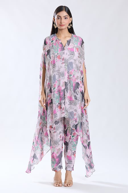 Preeti Jhawar_Pink Chiffon, Cotton, Silk Embroidery Floral Pattern Cape Kurta And Pant Set _Online_at_Aza_Fashions