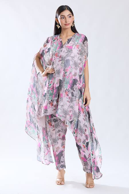 Buy_Preeti Jhawar_Pink Chiffon, Cotton, Silk Embroidery Floral Pattern Cape Kurta And Pant Set _Online_at_Aza_Fashions