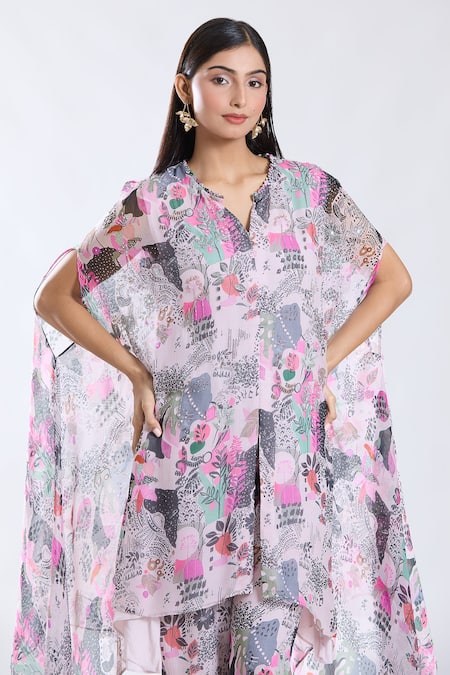 Shop_Preeti Jhawar_Pink Chiffon, Cotton, Silk Embroidery Floral Pattern Cape Kurta And Pant Set _Online_at_Aza_Fashions