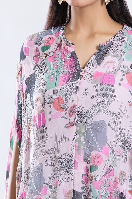 Preeti Jhawar_Pink Chiffon, Cotton, Silk Embroidery Floral Pattern Cape Kurta And Pant Set _at_Aza_Fashions