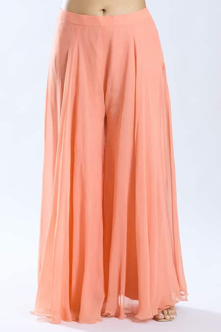 Preeti Jhawar_Peach Chiffon, Cotton Embroidery, Tassels Round Neck Asymmetric Cape Kurta Set _Online_at_Aza_Fashions