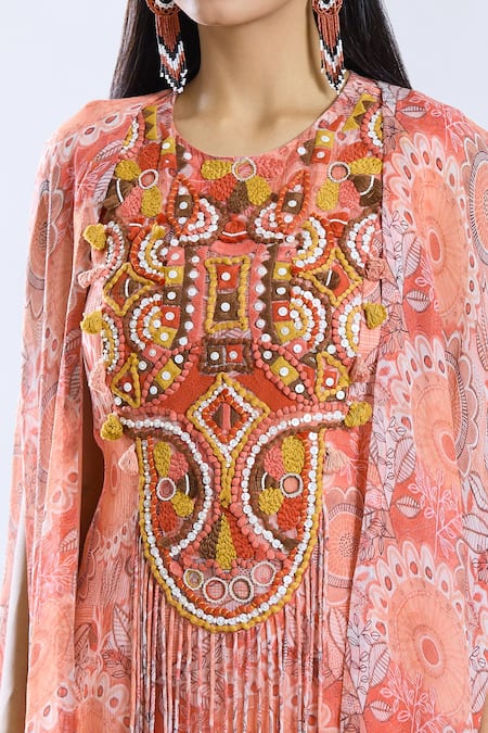 Buy_Preeti Jhawar_Peach Chiffon, Cotton Embroidery, Tassels Round Neck Asymmetric Cape Kurta Set _Online_at_Aza_Fashions