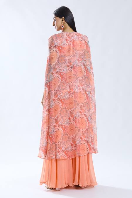 Shop_Preeti Jhawar_Peach Chiffon, Cotton Embroidery, Tassels Round Neck Asymmetric Cape Kurta Set _Online_at_Aza_Fashions
