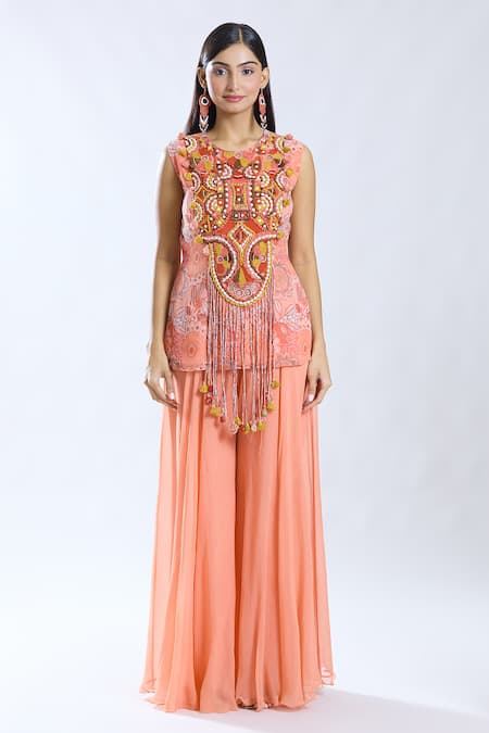 Preeti Jhawar_Peach Chiffon, Cotton Embroidery, Tassels Round Neck Asymmetric Cape Kurta Set _at_Aza_Fashions