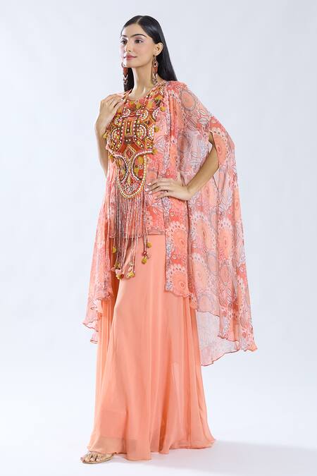 Buy_Preeti Jhawar_Peach Chiffon, Cotton Embroidery, Tassels Round Neck Asymmetric Cape Kurta Set 