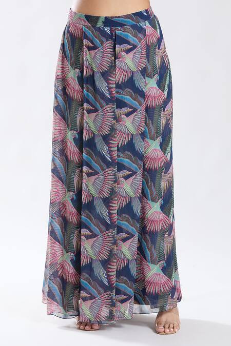 Buy_Preeti Jhawar_Blue Chiffon, Satin, Tassels, Crop Top And Pleated Pant Set _Online_at_Aza_Fashions