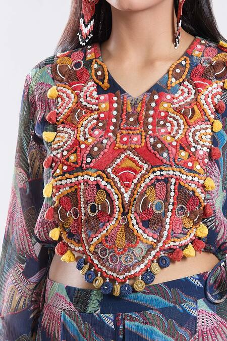 Shop_Preeti Jhawar_Blue Chiffon, Satin, Tassels, Crop Top And Pleated Pant Set _Online_at_Aza_Fashions