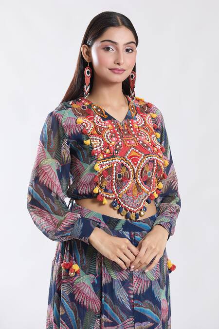 Preeti Jhawar_Blue Chiffon, Satin, Tassels, Crop Top And Pleated Pant Set _at_Aza_Fashions