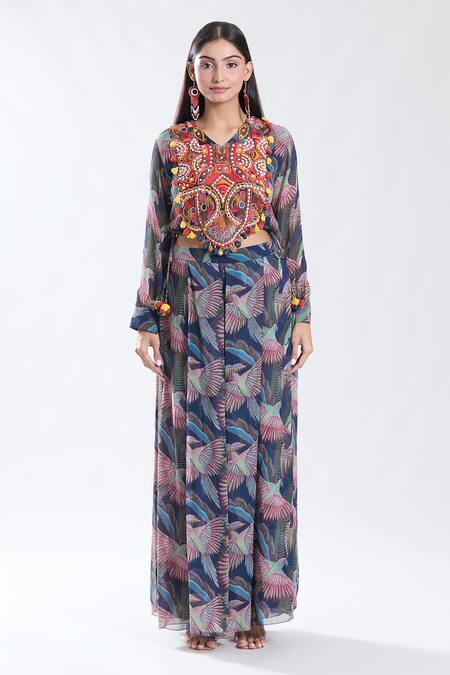 Buy_Preeti Jhawar_Blue Chiffon, Satin, Tassels, Crop Top And Pleated Pant Set 