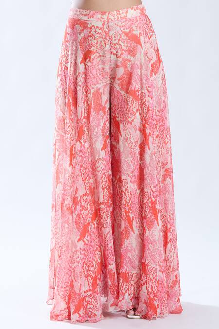 Preeti Jhawar_Beige Chiffon, Linen, Cotton V-neck Floral Pattern Cape Sharara Set _Online_at_Aza_Fashions