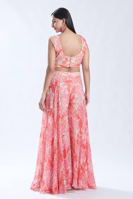 Buy_Preeti Jhawar_Beige Chiffon, Linen, Cotton V-neck Floral Pattern Cape Sharara Set _Online_at_Aza_Fashions