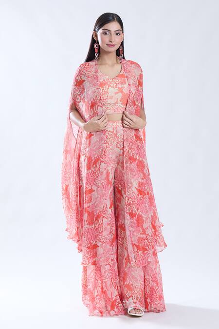 Preeti Jhawar_Beige Chiffon, Linen, Cotton V-neck Floral Pattern Cape Sharara Set _at_Aza_Fashions