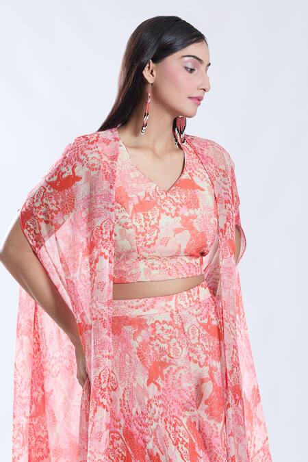 Buy_Preeti Jhawar_Beige Chiffon, Linen, Cotton V-neck Floral Pattern Cape Sharara Set 
