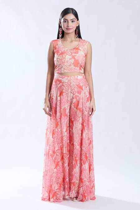 Shop_Preeti Jhawar_Beige Chiffon, Linen, Cotton V-neck Floral Pattern Cape Sharara Set 