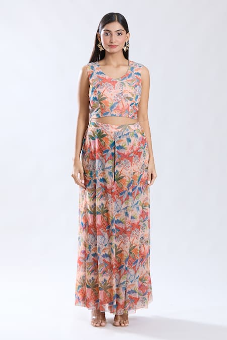 Preeti Jhawar_Peach Chiffon, Cotton V-neck Floral Pattern Asymmetric Cape Sharara Set _Online_at_Aza_Fashions