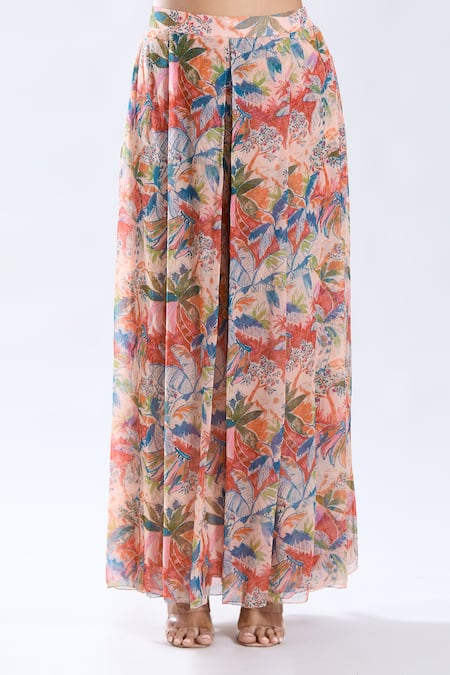 Buy_Preeti Jhawar_Peach Chiffon, Cotton V-neck Floral Pattern Asymmetric Cape Sharara Set _Online_at_Aza_Fashions