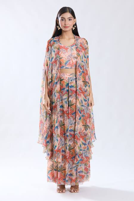Shop_Preeti Jhawar_Peach Chiffon, Cotton V-neck Floral Pattern Asymmetric Cape Sharara Set _Online_at_Aza_Fashions