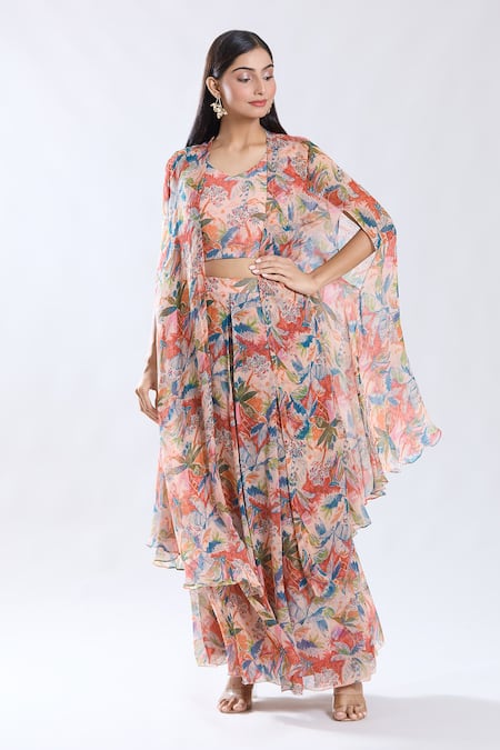 Preeti Jhawar_Peach Chiffon, Cotton V-neck Floral Pattern Asymmetric Cape Sharara Set _at_Aza_Fashions