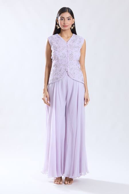 Preeti Jhawar_Purple Silk Embroidered Cutdana V Neck Floral Pattern Cape Coat Set _Online_at_Aza_Fashions