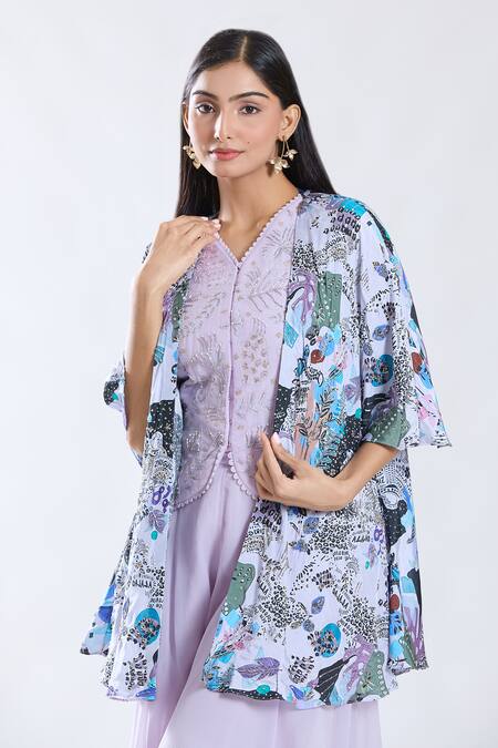 Buy_Preeti Jhawar_Purple Silk Embroidered Cutdana V Neck Floral Pattern Cape Coat Set 