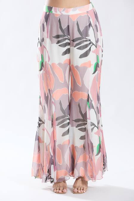 Preeti Jhawar_Off White Chiffon, Cotton Tropical Abstract Pattern Cape And Sharara Set _Online_at_Aza_Fashions