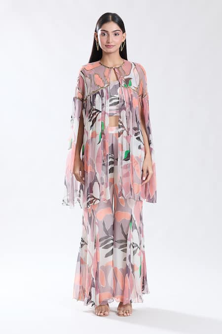 Shop_Preeti Jhawar_Off White Chiffon, Cotton Tropical Abstract Pattern Cape And Sharara Set _Online_at_Aza_Fashions