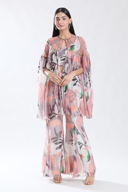 Preeti Jhawar_Off White Chiffon, Cotton Tropical Abstract Pattern Cape And Sharara Set _at_Aza_Fashions