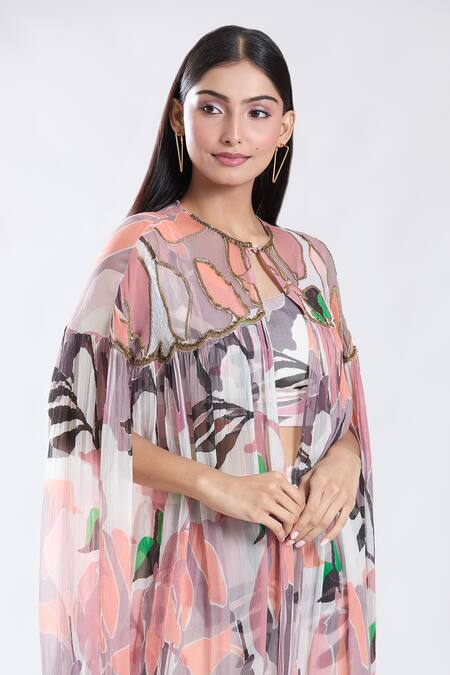 Buy_Preeti Jhawar_Off White Chiffon, Cotton Tropical Abstract Pattern Cape And Sharara Set 