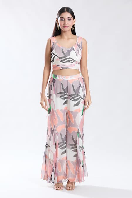 Shop_Preeti Jhawar_Off White Chiffon, Cotton Tropical Abstract Pattern Cape And Sharara Set 