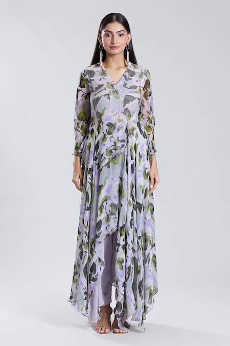 Preeti Jhawar_Purple Chiffon, Cotton, Silk Embroidery Floral Pattern Anarkali And Pant Set _Online_at_Aza_Fashions