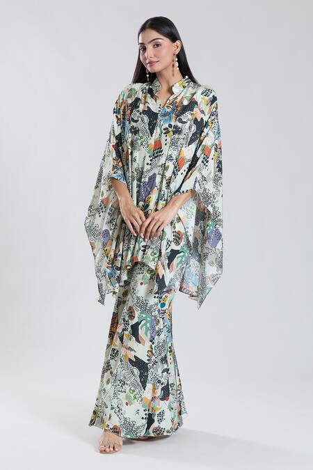 Preeti Jhawar_Off White Silk Collared V Asymmetric Floral Pattern Cape Sharara Set _Online_at_Aza_Fashions