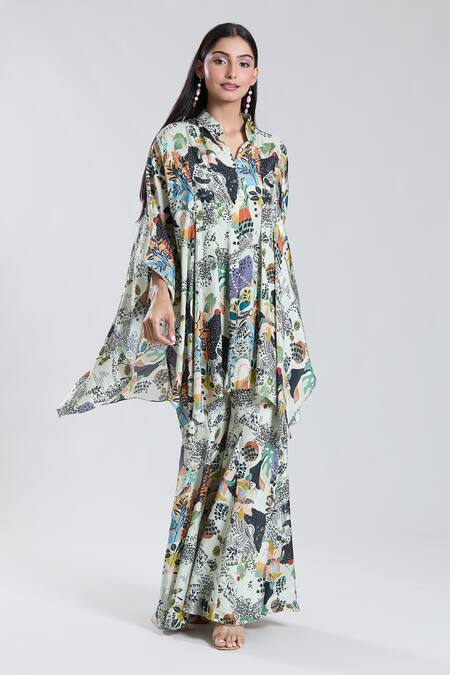 Buy_Preeti Jhawar_Off White Silk Collared V Asymmetric Floral Pattern Cape Sharara Set _Online_at_Aza_Fashions