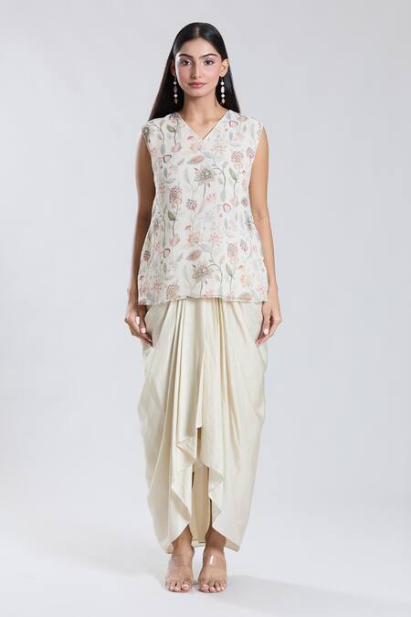 Preeti Jhawar_Ivory Chiffon, Cotton, Silk Embroidery Collared, Asymmetric Cape Dhoti Skirt Set _Online_at_Aza_Fashions