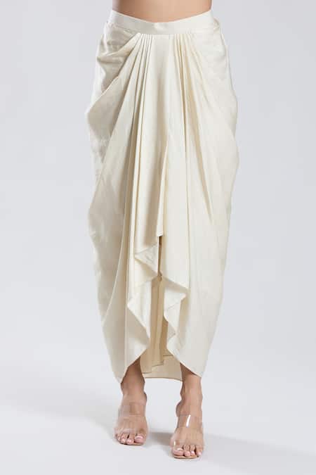 Buy_Preeti Jhawar_Ivory Chiffon, Cotton, Silk Embroidery Collared, Asymmetric Cape Dhoti Skirt Set _Online_at_Aza_Fashions