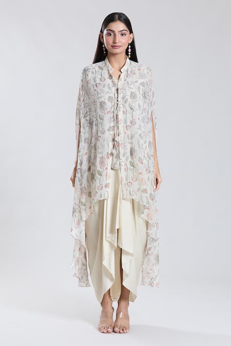 Shop_Preeti Jhawar_Ivory Chiffon, Cotton, Silk Embroidery Collared, Asymmetric Cape Dhoti Skirt Set _Online_at_Aza_Fashions