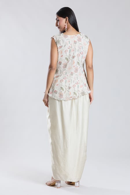Buy_Preeti Jhawar_Ivory Chiffon, Cotton, Silk Embroidery Collared, Asymmetric Cape Dhoti Skirt Set 