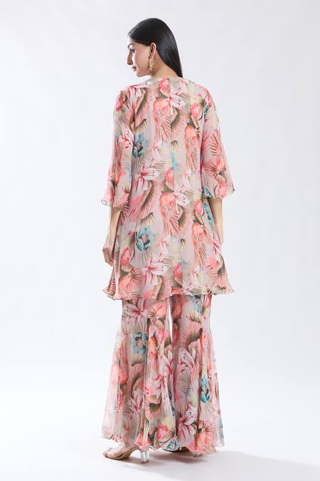 Preeti Jhawar Forest Pattern Embroidered Yoke Kurta & Sharara Set 